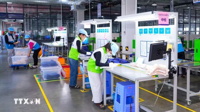 Công nhân vận hành dây chuyền sản xuất ứng dụng công nghệ hiện đại tại doanh tại Khu công nghiệp TMTC thuộc Khu kinh tế cửa khẩu Mộc Bài, xã Bến Cầu, tỉnh Tây Ninh. (Ảnh: Minh Phú/TTXVN)