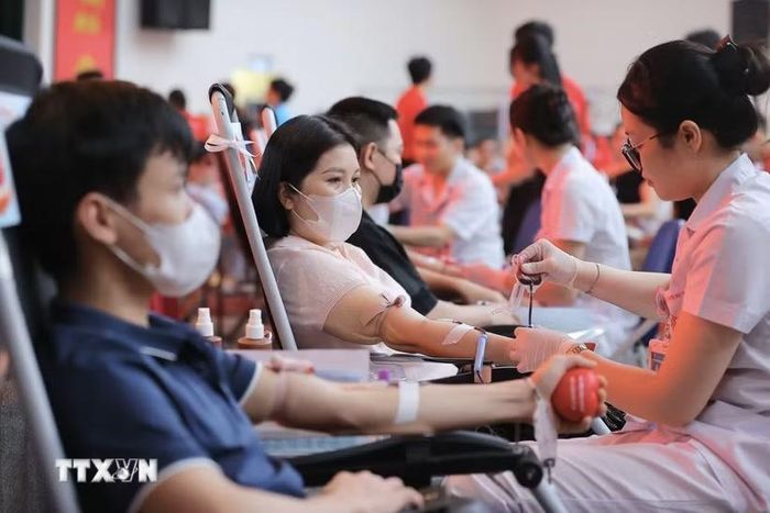 Tình nguyện viên hiến máu tại Viện Huyết học-Truyền máu Trung ương. (Ảnh: Minh Quyết/TTXVN)