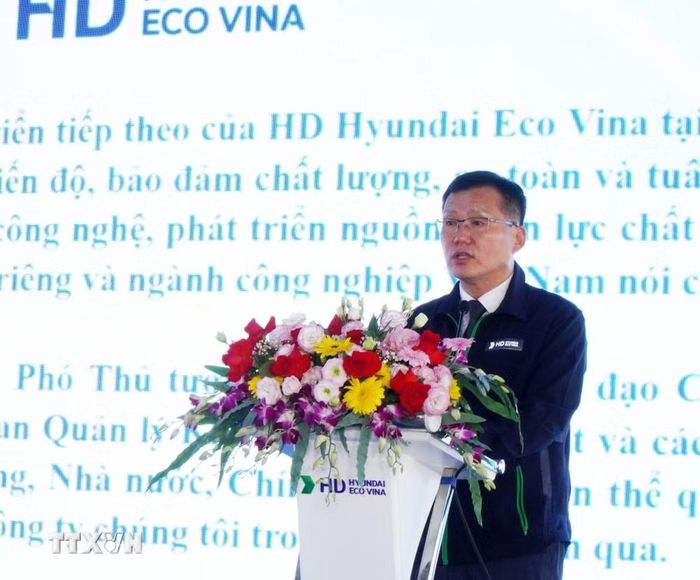 Ông Choi Seung Hyun, Chủ tịch kiêm Tổng giám đốc Công ty Trách nhiệm hữu hạn HD Hyundai Eco Vina phát biểu. (Ảnh: Lê Phước Ngọc/TTXVN)