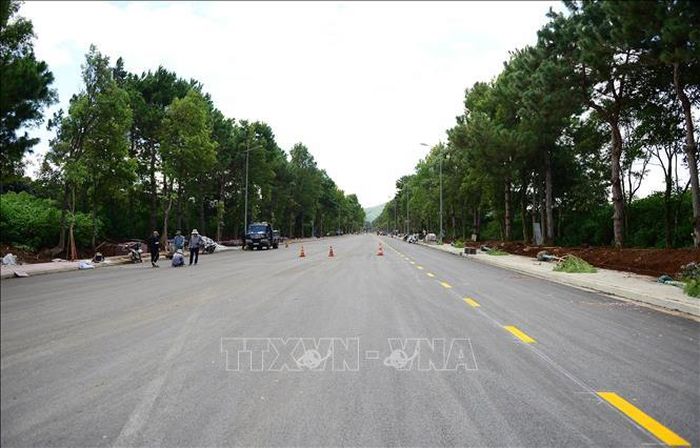 Đường dẫn từ Quốc lộ 20 vào nhà ga hành khách Sân bay Liên Khương cũng được làm mới toàn bộ, chỉnh trang cây xanh nhằm tạo ấn tượng cho du khách và người dân. Ảnh: Nguyễn Dũng/TTXVN