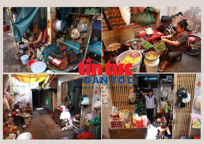Không khó để bắt gặp hình ảnh nấu ăn, rửa chén, sinh hoạt ngay trước con hẻm, còn xe cộ, đồ đạc thì cũng được dựng trước cửa nhà, dọc theo lối đi... tại khu chợ Gà - chợ Gạo, phường Bến Thành.