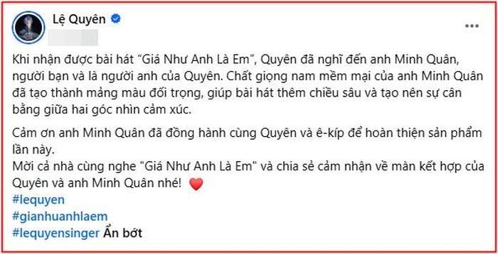 Chia sẻ của Lệ Quyên về Minh Quân: (Ảnh chụp màn hình FBNV) 