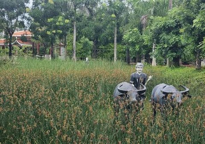 Tượng trâu cày ruộng tái hiện hình ảnh lao động nông nghiệp của người dân Nam Bộ xưa. Ảnh: Tường Quang