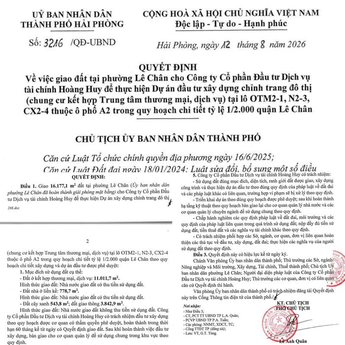 Quyết định số 3216/QĐ-UBND do ông Lê Anh Quân, Phó Chủ tịch UBND TP Hải Phòng ký ngày 12/8/2026