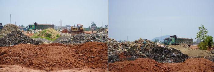 Áp lực tiến độ, nhà đầu tư vừa xử lý khối lượng rác thải tồn đọng, vừa thi công san lấp mặt bằng.
