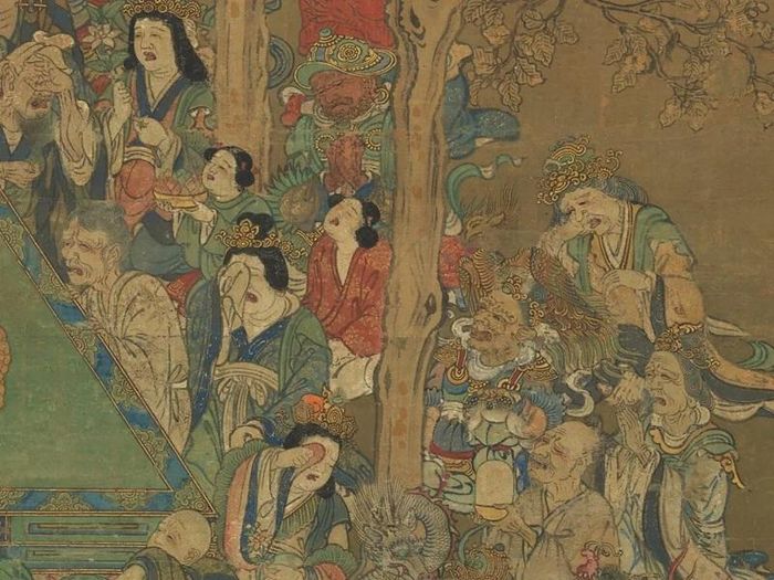 Đức Phật lịch sử nhập diệt, Nhật Bản, thế kỷ XIV. Những người chứng kiến đức Phật nhập diệt thể hiện nhiều sắc thái đau buồn.| The Metropolitan Museum of Art.