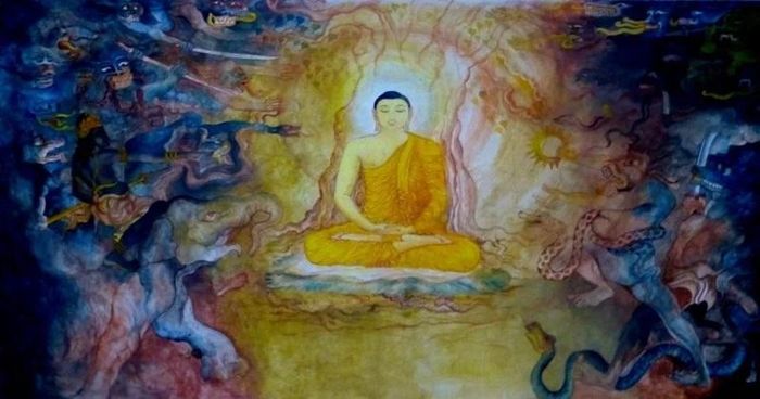 Ma vương Māra và đạo quân của mình tấn công Bồ-tát. Māra cùng các đạo quân là hình tượng hóa những chướng ngại nội tâm cản trở sự tiến bộ trên con đường giác ngộ. Tranh tường tại chùa Nava Jetavana, Công viên Jetavana, Śrāvastī. | Anandajoti / Wikimedia Commons.