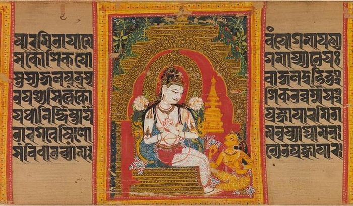 Bồ-tát Quán Thế Âm (Avalokiteśvara) thuyết pháp cho một tín đồ. Trang bản thảo Aṣṭasāhasrikā Prajñāpāramitā (Bát-nhã Ba-la-mật-đa tám nghìn tụng). | Picryl, Creative Commons.