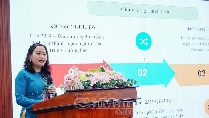 Cô Trần Thị Thắm, đại diện Trường Cao đẳng Cà Mau, trình bày tham luận với chủ đề: “Phát triển năng lực sử dụng tiếng Anh của học sinh, sinh viên trong bối cảnh chuyển đổi số và hội nhập quốc tế”