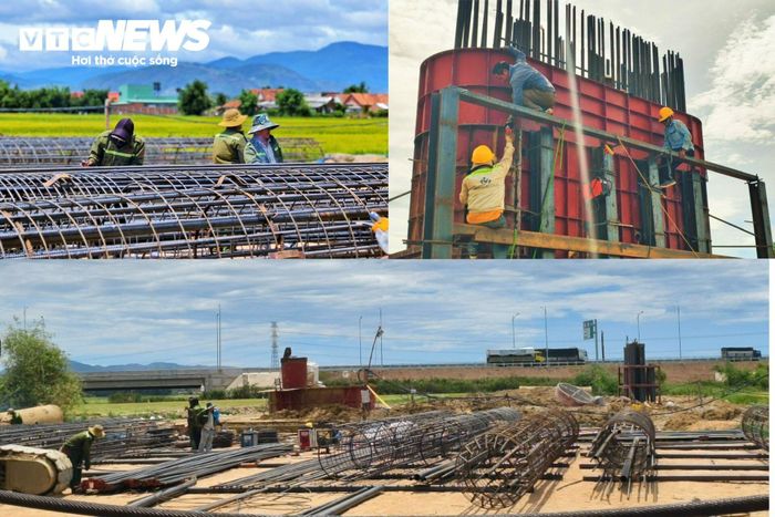 Cách đó không xa, tại dầm cầu Bình Tân và nút giao Quốc lộ 19B, những khung thép khổng lồ được tạo hình phục vụ cho hàng trăm m³ bê tông được đổ liên tục.