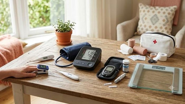 Một số thiết bị y tế cần có trong tủ thuốc gia đình. Ảnh AI.