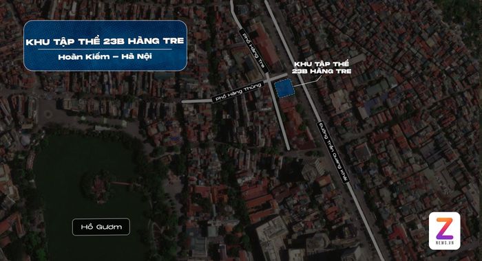 Khu tập thể 23B Hàng Tre (phường Hoàn Kiếm, Hà Nội) nằm tại trung tâm khu phố cổ Hà Nội, giáp các tuyến phố Trần Quang Khải, Hàng Tre và Hàng Thùng. (Đồ hoạ: Việt Linh).