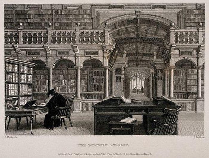  Thư viện được xây dựng vào năm 1450 trên tầng hai của Divinity School nhằm bảo vệ bộ sưu tập sách quý giá được trao tặng cho Đại học Oxford. Công trình mang tên Humphrey xứ Lancaster, Công tước Gloucester thứ nhất - người đã tặng 281 cuốn sách cho trường vào năm 1447. Vào thời điểm đó, Oxford chỉ có khoảng 20 cuốn sách trong bộ sưu tập. Điều đó khiến món quà của Humphrey trở thành một tài sản đặc biệt quý giá. Ảnh: Wellcome Collection. 
