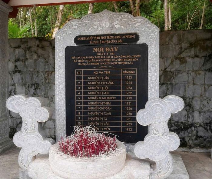 Tên tuổi 11 dân công hỏa tuyến hi sinh ngày 2.4.1953 được khắc ghi tại nhà bia tưởng niệm trước cửa Hang Co Phương