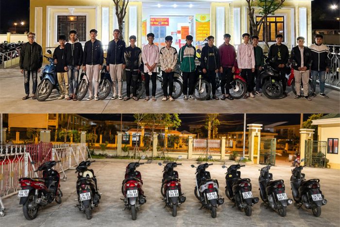 Nhóm thanh thiếu niên và phương tiện vi phạm. Ảnh: Công an tỉnh Quảng Ninh