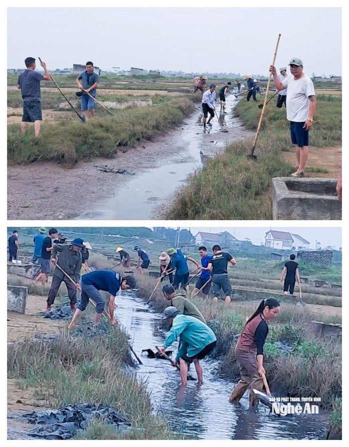 Ban cán sự thôn Nam Liên, xã Hải Châu huy động cán bộ, đảng viên và nhân dân làm giao thông, thuỷ lợi nội đồng. Ảnh: CSCC