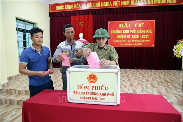 Cử tri đại diện hộ gia đình khu phố Giếng Khe, phường Hiệp Hòa, tỉnh Quảng Ninh bầu cử trưởng khu phố.