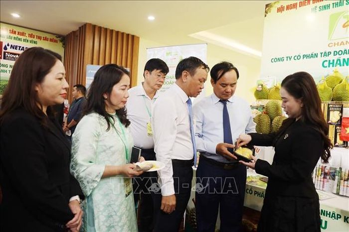 Đại biểu tham quan các gian hàng trưng bày sản phẩm nông nghiệp bên lề hội nghị.