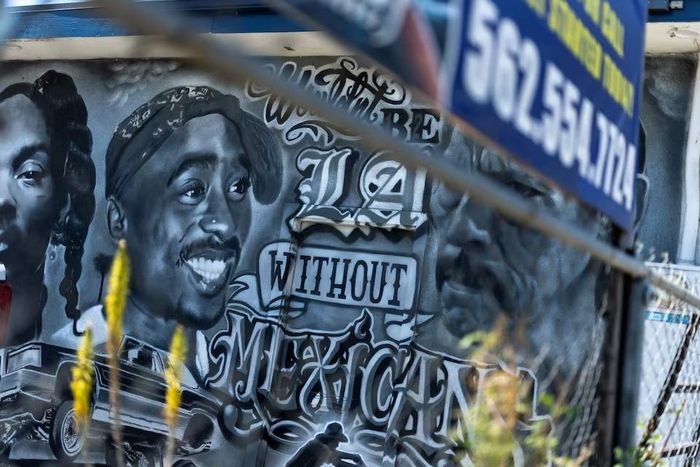 Bức tranh tường khắc họa hình ảnh cố rapper Tupac Shakur trên một tòa nhà ở Bellflower, California, trong ngày khai mạc phiên tòa xét xử Duane Davis, người bị buộc tội vì vai trò bị cáo buộc của mình trong việc cầm đầu một nhóm người giết Shakur trong một vụ xả súng từ trên xe ô tô năm 1996 gần dải Las Vegas, Mỹ. Ảnh: Reuters