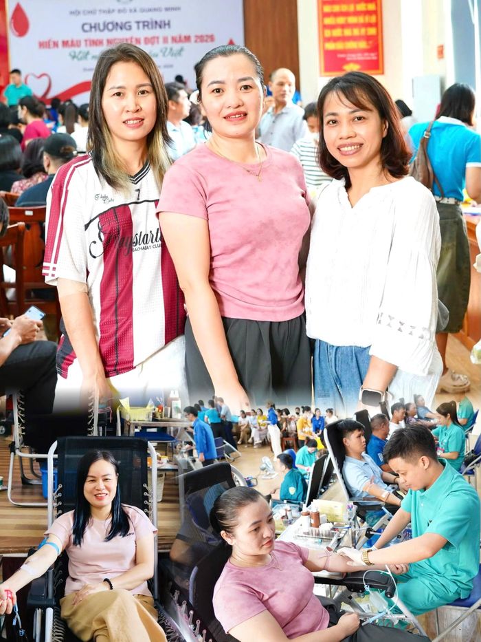 Mỗi người tích cực hưởng ứng phong trào, mỗi nụ cười nhân ái đều góp phần mang thêm một cơ hội sống, bổ sung nguồn máu phục vụ cấp cứu, điều trị. Chị Đặng Hương, xã Quang Minh (người áo hồng, đứng giữa) chia sẻ, hiến máu tình nguyện là hoạt động mang ý nghĩa nhân văn sâu sắc, thể hiện trách nhiệm và tình cảm của mỗi cá nhân đối với cộng đồng; thời gian tới sẽ tiếp tục đồng hành và lan toả mạnh mẽ phong trào. Ảnh: PV