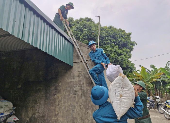 Các lực lượng chức năng hỗ trợ, giúp đỡ người dân vùng ngoài đê sông Hồng ở xã Phú Xuyên chủ động phòng, chống thiên tai. Ảnh: PV