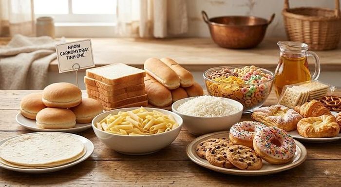 Carbohydrate tinh chế làm tăng đường huyết nhanh chóng. Ảnh AI.