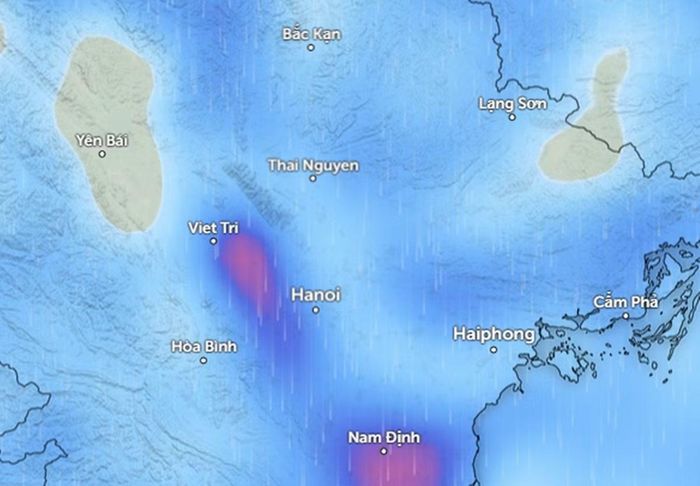 Dự báo mưa ở một số khu vực tại miền Bắc chiều mai, 18/8. Ảnh: Zoom Earth, OpenStreetMap, ICON.