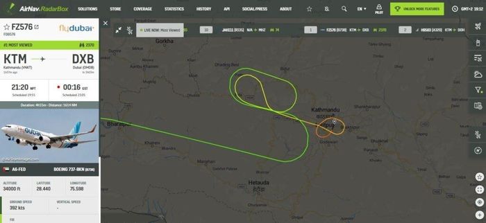  Ngày 24/4/2023, chuyến bay FZ576 của hãng flydubai chở 167 hành khách vừa cất cánh khỏi Kathmandu, Nepal, thì va chạm với chim và bay vòng quanh điểm xuất phát. X/Airlive. 