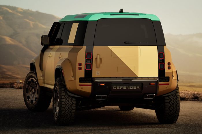  Defender Dakar sở hữu ngoại thất tương tự mẫu xe đua với 2 tông màu vàng Dakar Sand và xanh Yanbu Turquoise, đi kèm gói ngoại thất hầm hố của D7X-R, bộ mâm forged 20 inch với lốp đa địa hình 35 inch. 