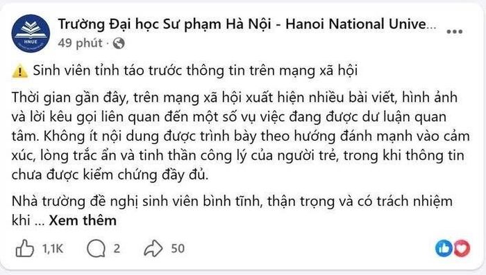 Thông báo của Trường Đại học Sư phạm Hà Nội trên trang page chính thức (Ảnh chụp màn hình)