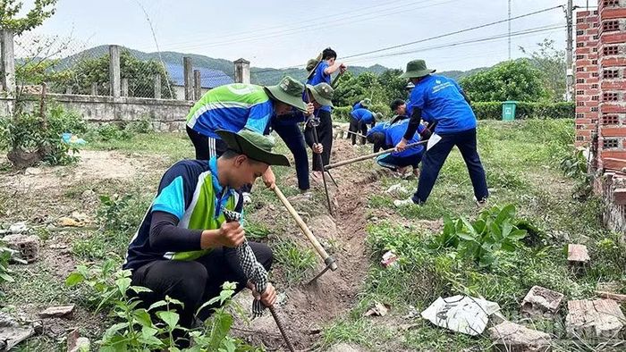 Thanh niên tình nguyện khơi thông rãnh, đào thêm các tuyến thoát nước, giảm cảnh ngập úng, trơn trượt nguy hiểm khi mùa mưa đến. (Ảnh: PHÚC THẮNG)