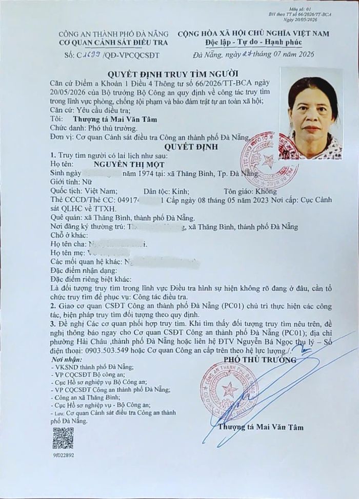 Cơ quan điều tra đang truy tìm Nguyễn Thị Một.