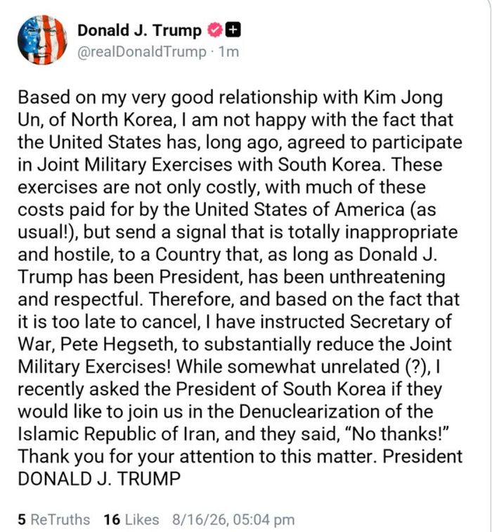  Tổng thống Trump viết trên mạng xã hội Truth Social cho biết, ông đã yêu cầu Bộ trưởng Chiến tranh Pete Hegseth thu hẹp đáng kể cuộc tập trận. 