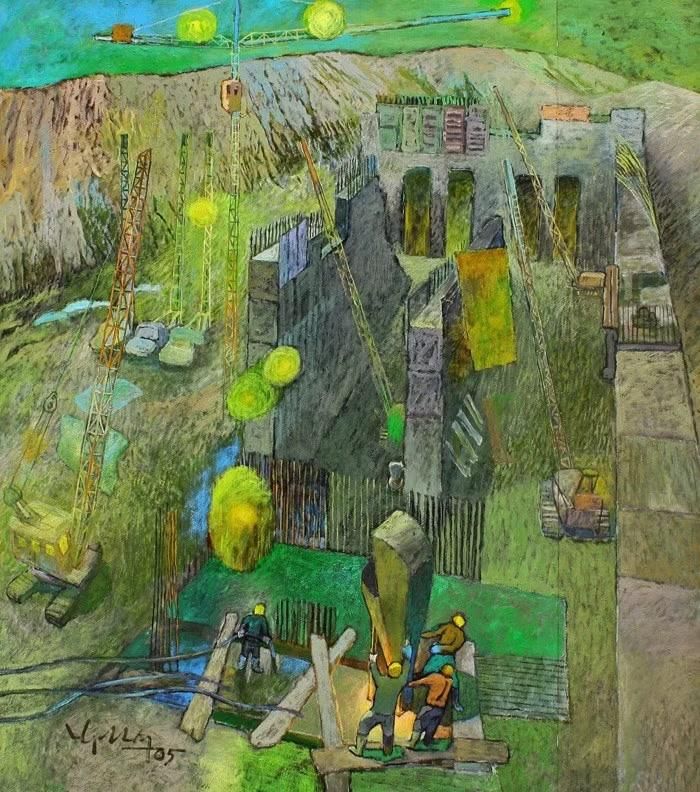 Tác phẩm "Đổ móng kênh dẫn thuỷ điện Sơn La" (Lò An Quang - 2005)