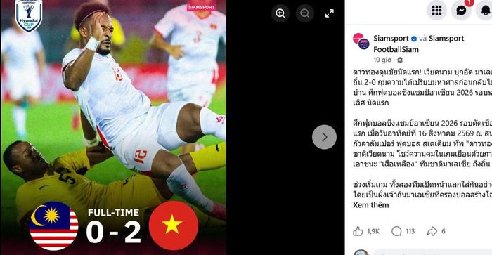  Bài đăng về trận Việt Nam đánh bại Malaysia trên fanpage của Siam Sports. 