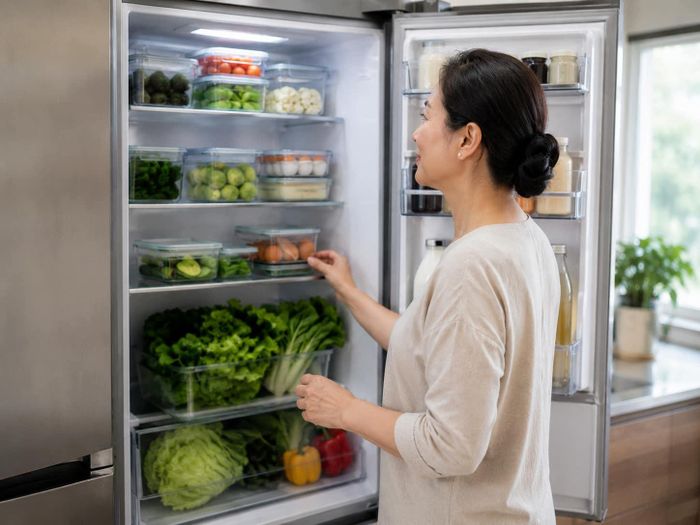  Bảo quản thực phẩm đúng cách giúp ngăn ngừa mùi hôi tủ lạnh. Ảnh minh họa: AI