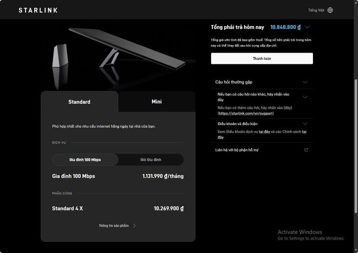 Giá dịch vụ Starlink tại Việt Nam. Ảnh chụp màn hình.