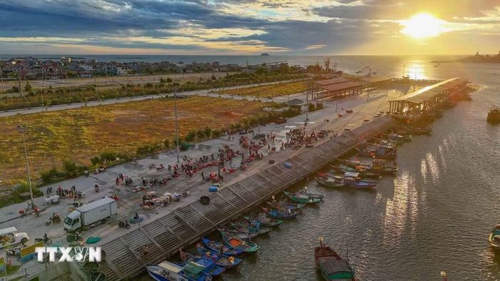 Nhịp sống sôi động tại cảng cá Cửa Nhượng lúc bình minh. (Ảnh: Hữu Quyết/TTXVN)