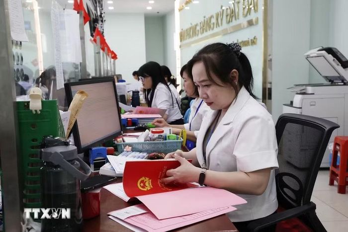 Cán bộ Văn phòng Đăng ký đất đai Thành phố Hồ Chí Minh số 2 (khu vực Cát Lái) giải quyết thủ tục đất đai cho người dân. (Ảnh: Hồng Đạt/TTXVN)
