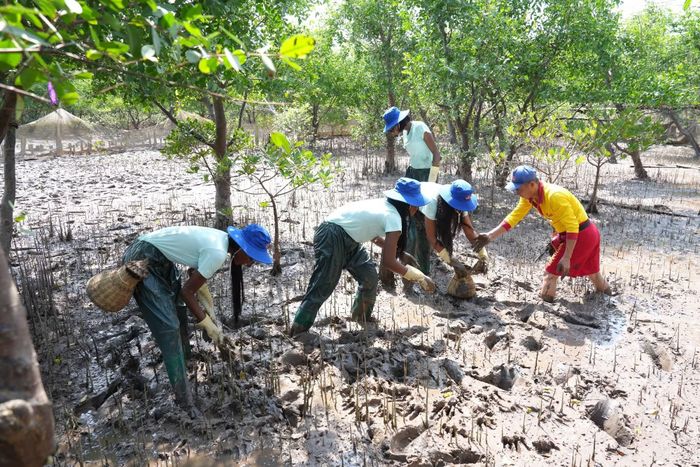 Các người đẹp quốc tế lấm bùn trong trải nghiệm trồng cây, mò cua bắt ốc. (Ảnh: BTC)