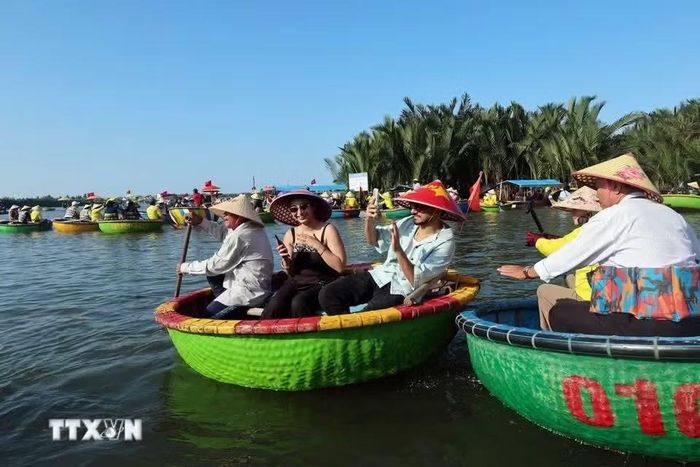 Du khách quốc tế trải nghiệm thuyền thúng ở Rừng dừa Bảy Mẫu Cẩm Thanh (Ảnh: TTXVN)