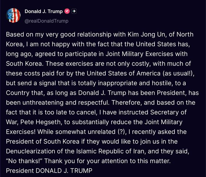 Bài đăng của Tổng thống Donald Trump trên mạng xã hội nói về tập trận với Hàn Quốc. Ảnh chụp màn hình