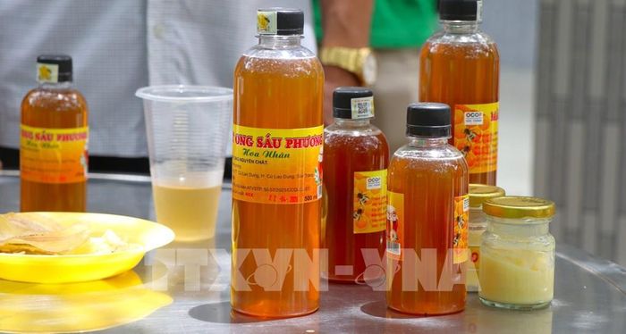 Sản phẩm mật ong đạt chuẩn OCOP phục vụ du khách thưởng thức tại chỗ hoặc mua về làm quà sau chuyến trải nghiệm. Ảnh: Nguyễn Hằng - TTXVN
