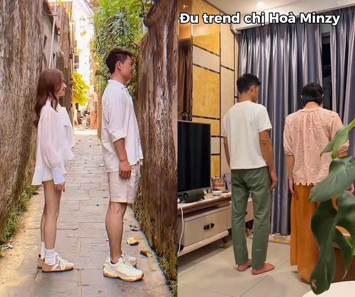 Khoảnh khắc của Hòa Minzy và chồng sắp cưới được nhiều khán giả yêu thích, bắt trend. (Ảnh phải từ TikTok @quynh.nhu.ho.16)