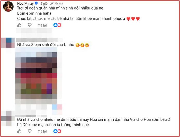Hòa Minzy "xin vía" sinh đôi từ khán giả (Ảnh chụp màn hình FBNV) 