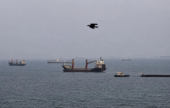 Các tàu neo đậu ở eo biển Hormuz ngoài khơi Bandar Abbas, Iran. Ảnh: AP.