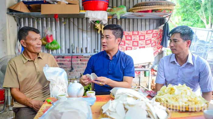 Bí thư Đảng ủy xã Pù Nhi Đoàn Văn Trường (người ở giữa) chia sẻ: “Củ mài đang đứng trước một hành trình mới, nhưng giá trị ấy chỉ bền vững khi đi cùng bảo vệ rừng. Pù Nhi đang hướng tới việc khai thác hợp lý, nghiên cứu nhân giống, trồng thử nghiệm và xây dựng vùng nguyên liệu ổn định, để củ mài không chỉ là món ăn của ngày giáp hạt mà có thể trở thành sản vật đặc trưng, hướng tới sản phẩm OCOP của vùng cao”.