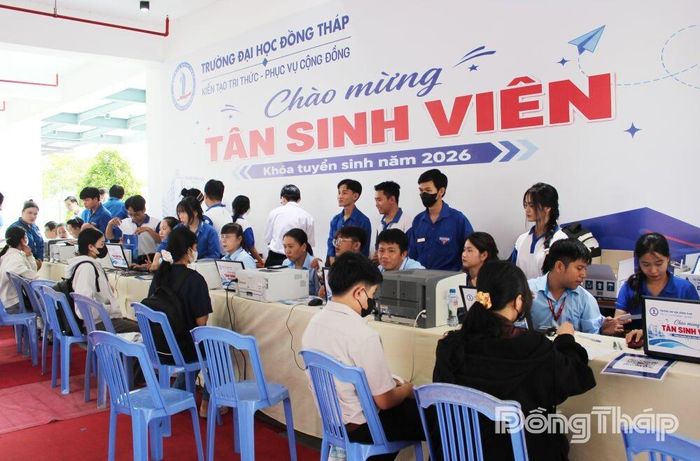 Các tân sinh viên làm thủ tục nhập học theo từng khoa.
