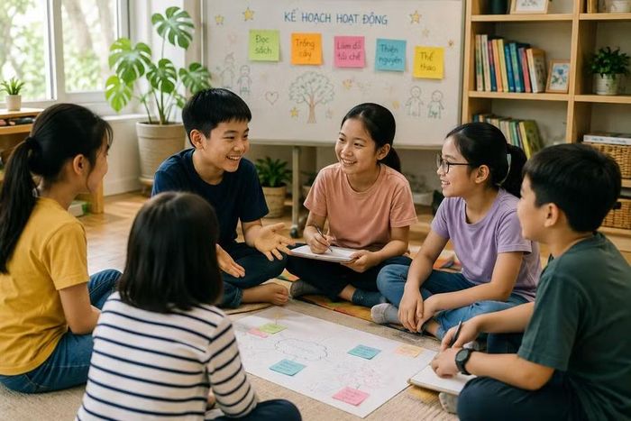  Trong thời gian homeschool, nhiều trẻ vẫn thường xuyên được hợp tác với bạn bè, tham gia hoạt động nhóm. Ảnh minh họa: AI 