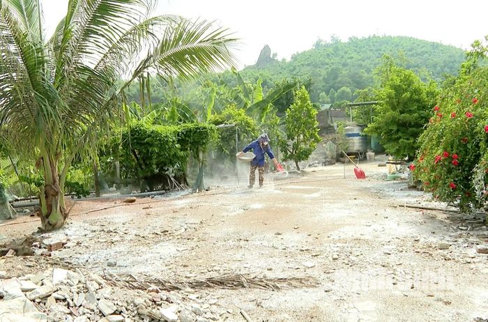 Người dân xã Gia Viễn chủ động rải vôi bột khử trùng toàn bộ khuôn viên, lối đi xung quanh khu vực chăn nuôi nhằm ngăn chặn mầm bệnh xâm nhập.